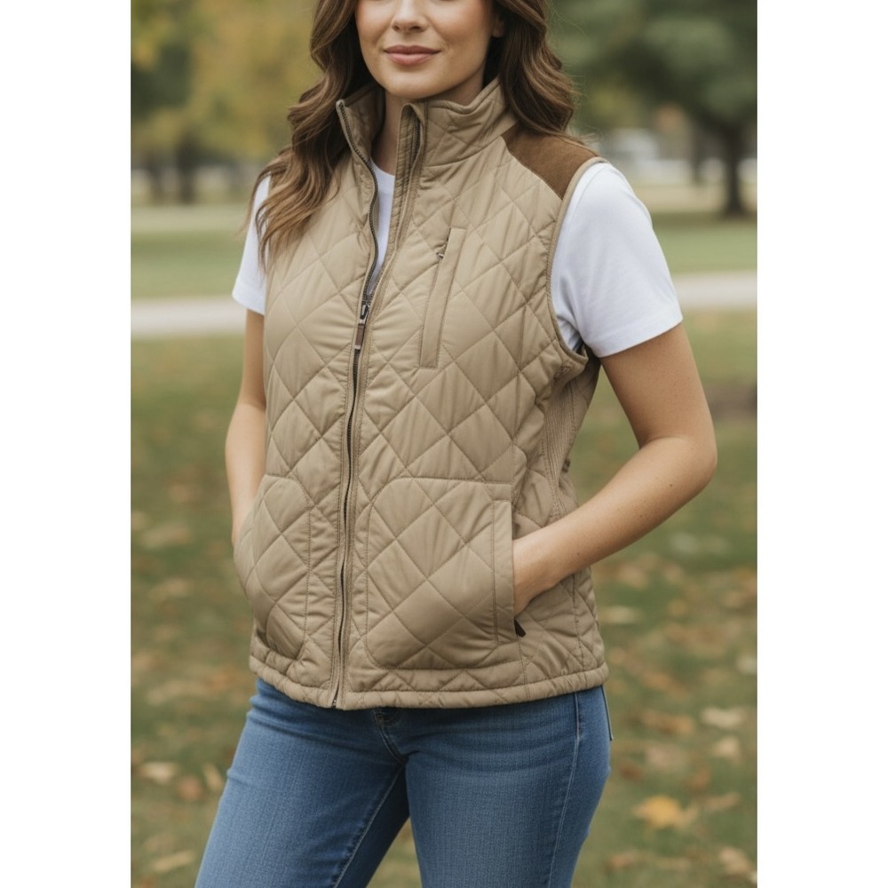 Lauren Ralph Lauren Quilted Tan Vest with Brown Shoulder Accents